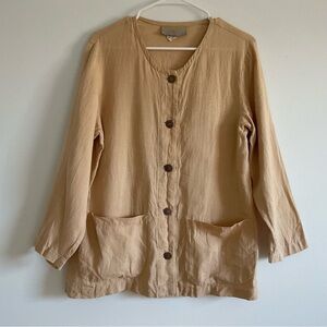 Vtg Terry Ward 100% Linen Peasant Blouse Beige Tan Button Up Small Cottagecore